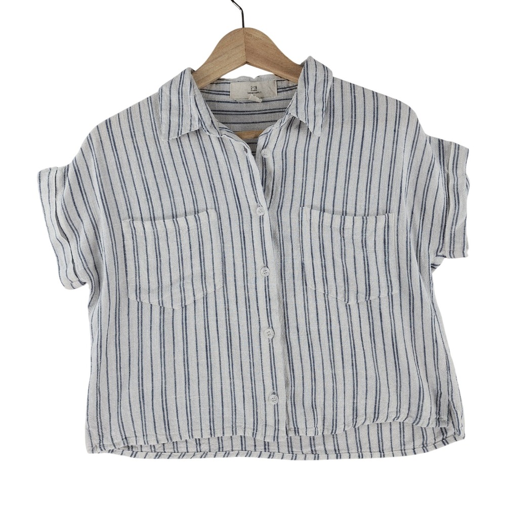 Thread & Supply Button Down Women XS White Navy Striped Linen Viscose Shirt Boho